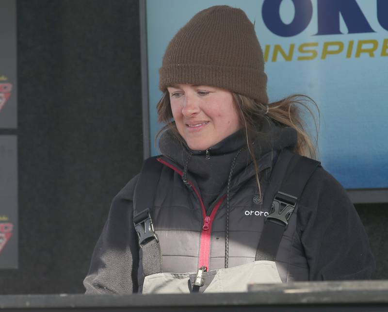 Jena Herrick of Spring Valley smiles as he weighs her fish during the National Walleye Tour Masters Walleye Circuit on Saturday, March 23, 2024 in Spring Valley.