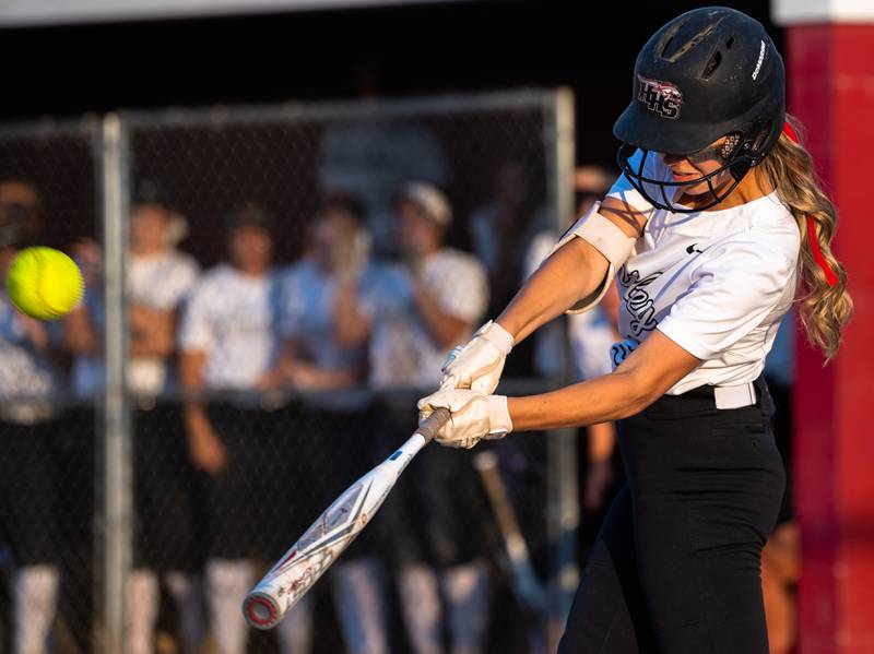 Huntley H.S. center fielder, Clara Hudgens, connects with a pitch in their game against Barrington H.S. in the IHSA Class 4A Super Sectional Tournament on Monday, June 14, 2021 at Barrington H.S. in Barrington, IL.  Huntley went on to win in extra innings, 6-5 (11 innings).