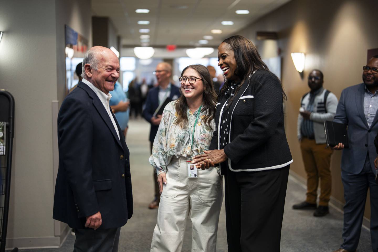 Illinois Tollway Executive Director Cassaundra Rouse, right, speaking with Elgin Mayor Dave Kaptain, left, and Kelsey Passi, the Tollway’s community relations and outreach manager at the workshop on May 13, 2025 in Elgin.