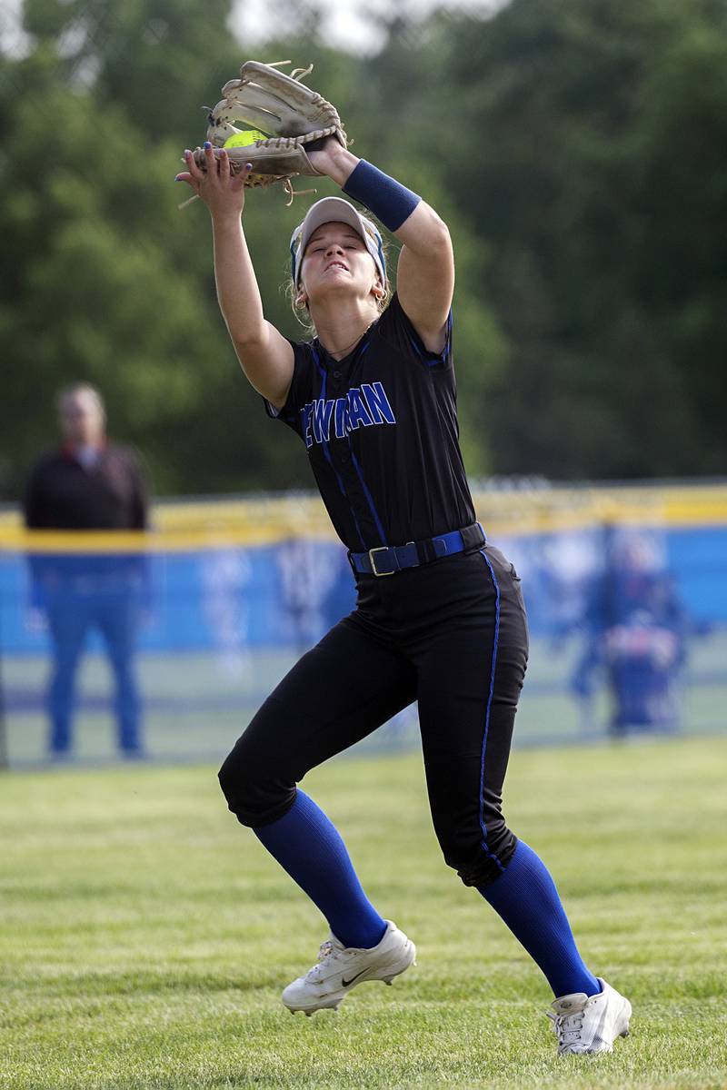 Newman’s Lucy Oetting hauls in a pop up against Fulton Tuesday, May 19, 2026, at the Class 1A softball regionals at Newman.