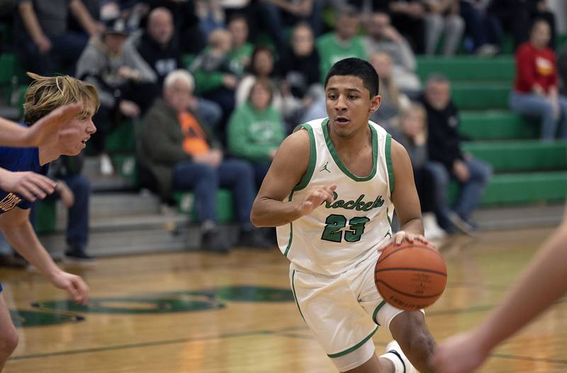 Rock Falls’ Diego Hernandez drives the lane Friday, Feb. 10, 2023 against Genoa-Kingston.