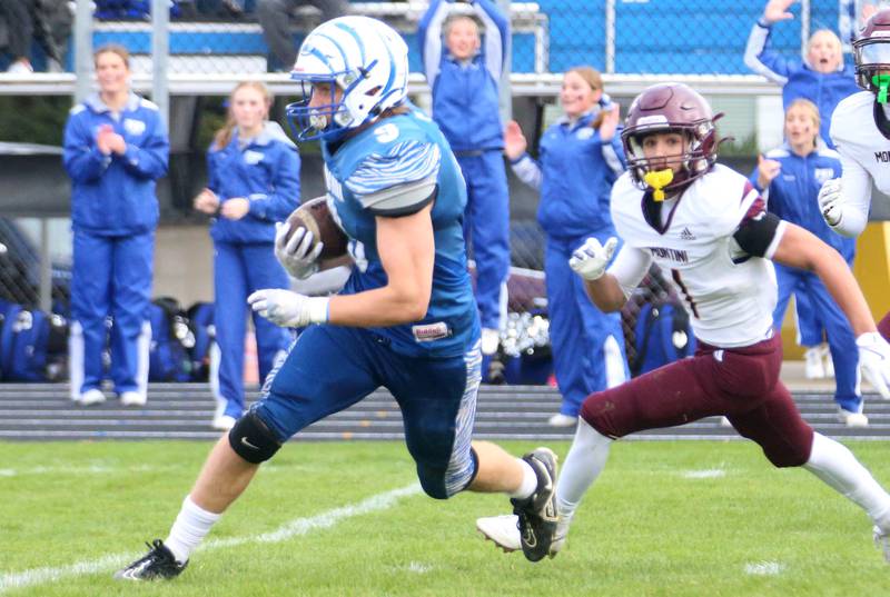Princeton's Arthur Burden runs the ball down the field as Montini Catholic's Santino Florio chases after him during the Class 3A quarterfinal game on Saturday, Nov. 16, 2024 at Bryant Field in Princeton.