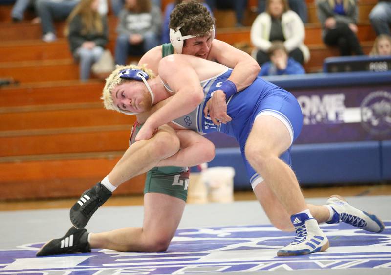 L-P's Gabe Lemrise wrestles Princeton's Ian Morris on Thursday, Jan. 19, 2023 at Princeton High School.