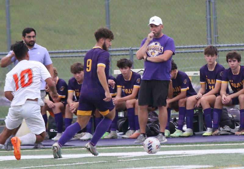 Mendota head boys soccer coach Nick Myers watches his team play soccer against Winnebago on Wednesday, Oct. 4, 2023 at Mendota High School.