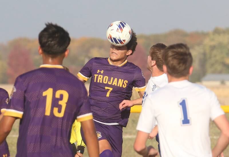 Mendota's Isaac Diaz puts a header on the ball against Princeton during the Class 1A Regional final game on Tuesday, Oct. 22, 2024 at Serena High School.