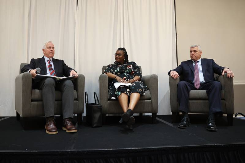 Mayor candidate’s Terry D’Arcy and Tycee Bell along with incumbent mayor Bob O’Dekirk at the Joliet Mayoral Candidate Panel luncheon hosted by the Joliet Region Chamber of Commerce on Wednesday, March 8th, 2023 at the Clarion Hotel & Convention Center Joliet.