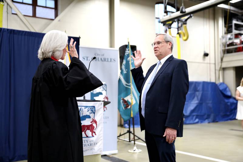St. Charles Alderperson Ron Silkaitis is sworn in by Circuit Court Judge Susan Clancy Boles on Monday, May 5, 2025 at the St. Charles Fire Department.
