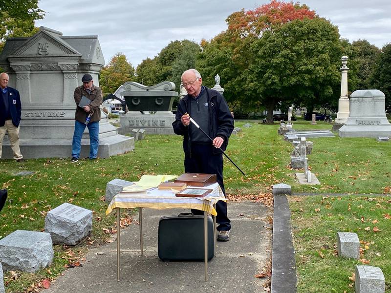 John Boies gives information on his family , including descendant Henry Boies, who lived from 1830 to 1887 and was the Sycamore True Republican's editor, author and community leader. John Boies, president of the Elmwood Cemetery Company, spoke at the DeKalb County History Center’s annual Etched in Stone Cemetery Walk at Elmwood Cemetery, 901 S. Cross St., Sycamore on Sunday, Oct. 8, 2023.
