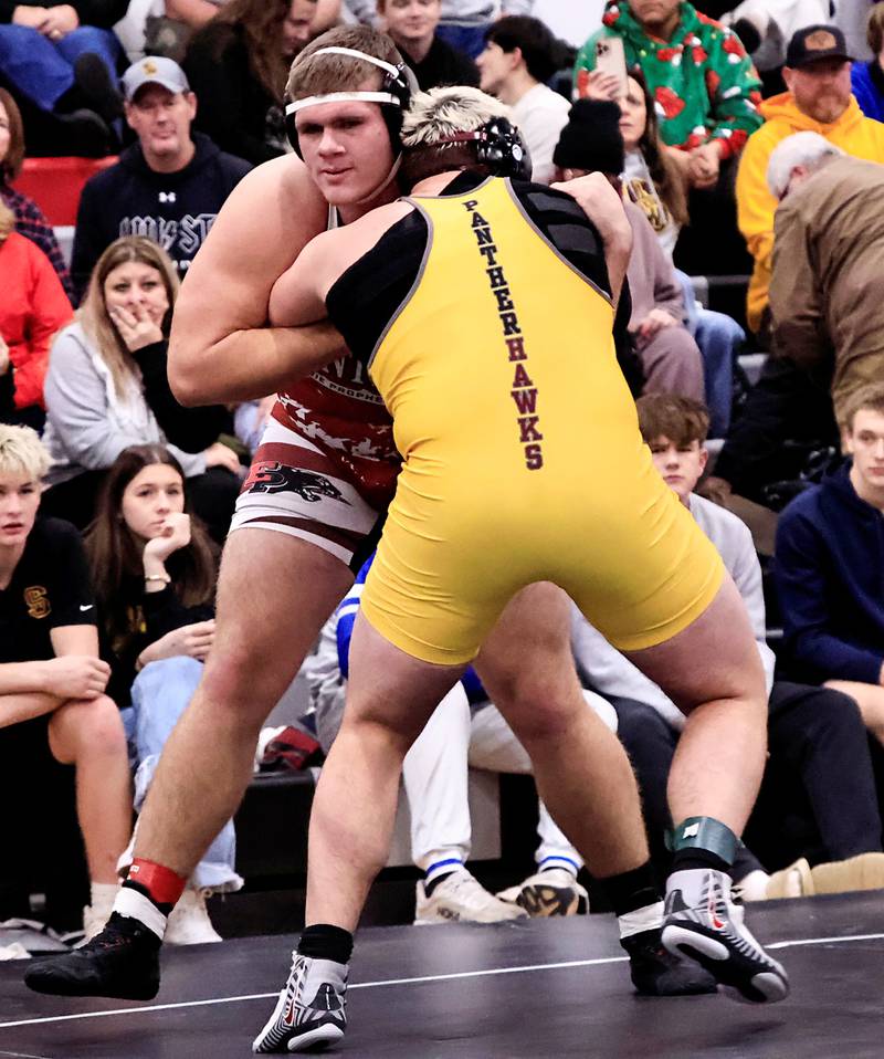 EP's Caleb Reymer battles Lena-Winslow's Jeremiah Luke at the Erie-Prophetstown holiday wrestling tournament on Saturday, Dec. 19, 2205