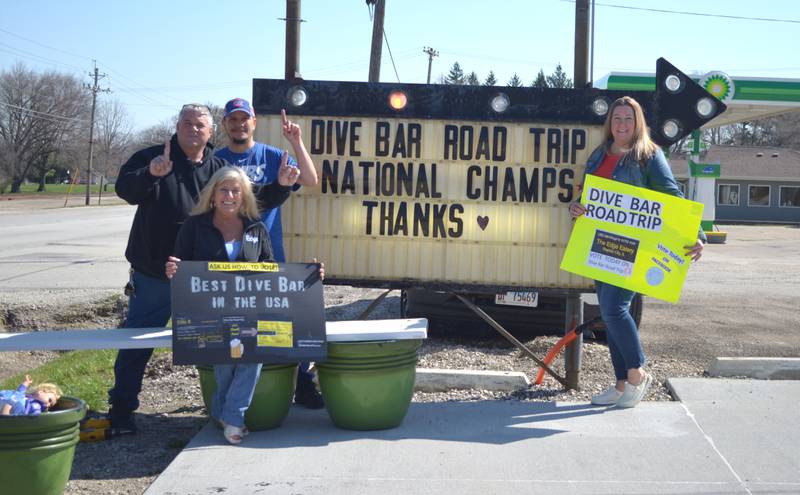 The Edge Eatery & Drinkatorium owners Donnie and Lynn Hunt, left, celebrate their national Dive Bar Road Trip championship along with Joe Crull and Christina Koch in April 2023. The bar is the first location in Rapids City to obtain their video gaming license.