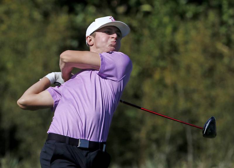 Hampshire’s Nolan Adamczyk watches his tee shot on the eighth hole during the IHSA Class 3A Dundee-Crown Regional golf tournament on Wednesday, Oct. 2, 2024 at Randall Oaks Golf Club in West Dundee.