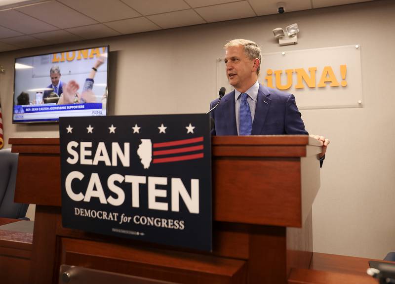 U.S. Rep. Sean Casten delivers a victory speech after defeating Orland Park Mayor Keith Pekau at Chicagoland Laborers' District Council in Burr Ridge, Ill. on Tuesday, Nov. 8, 2022.