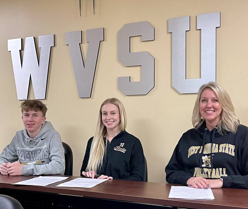 Mendota senior Lauren Martin (center) recently signed to play volleyball at West Virginia State University. She was joined by her brother, Logan, and her mother, Colleen.