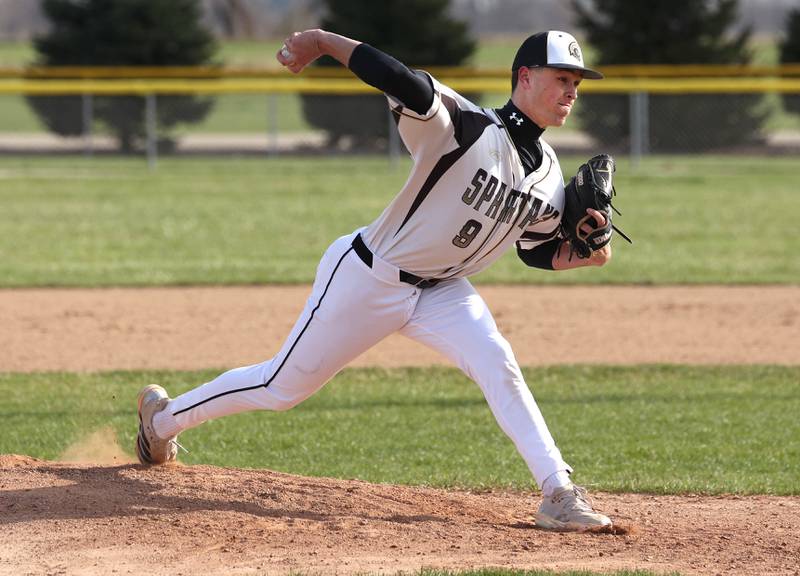 Sycamore's Jackson MacDonald delivers a pitch Tuesday, April 7, 2026, during their game against Freeport at the Sycamore Community Sports Complex.