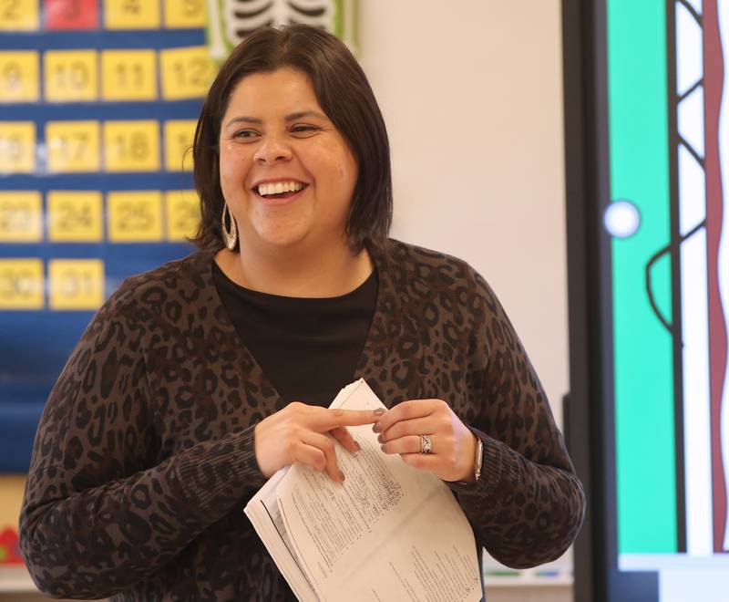 Adrianne Espinoza-Zamora smiles while teaching Spanish on Feb. 28, 2023 at Mendota Township High School.