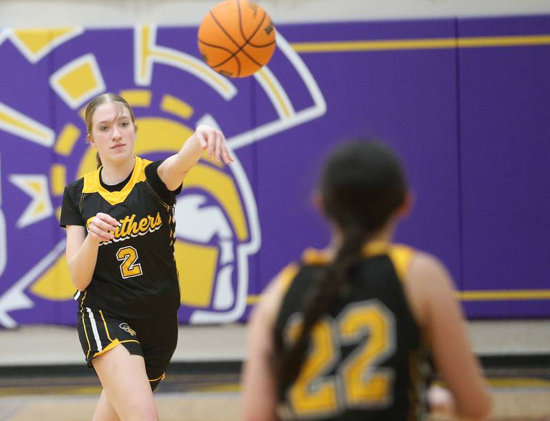 Putnam County's Piper Terando looks to pass the ball to teammate Addy Leatherman on Tuesday, Feb. 10, 2026 at Mendota High School.