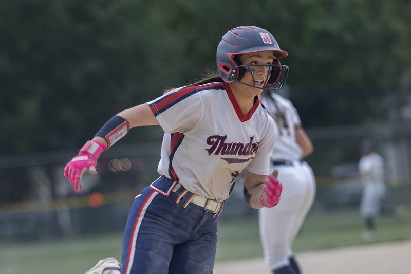 Belvidere North’s Hallie Inman rounds third to score against Sterling Friday, May 30, 2025, in the Class 3A Regional final in Dixon.