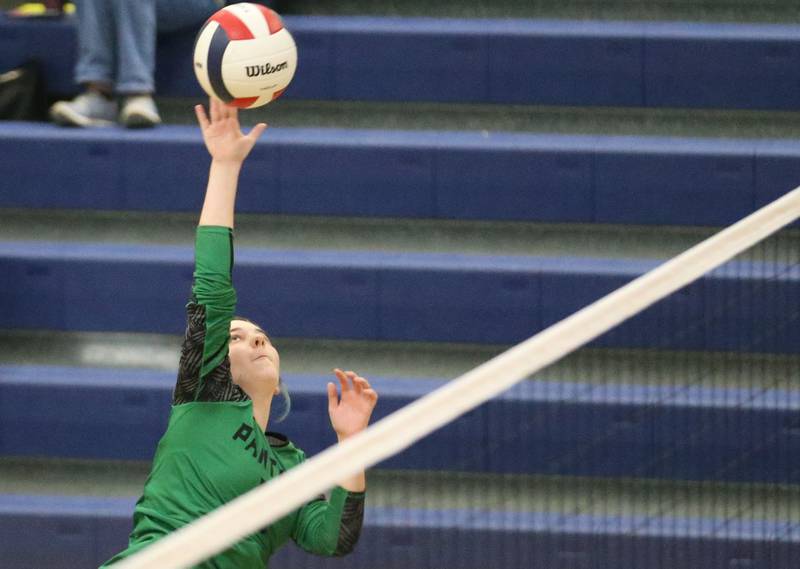 Leland's Micki Hernandez spikes the ball to Earlville during the Class 1A Regional semifinals on Monday, Oct. 27, 2025 at Somonauk High School.