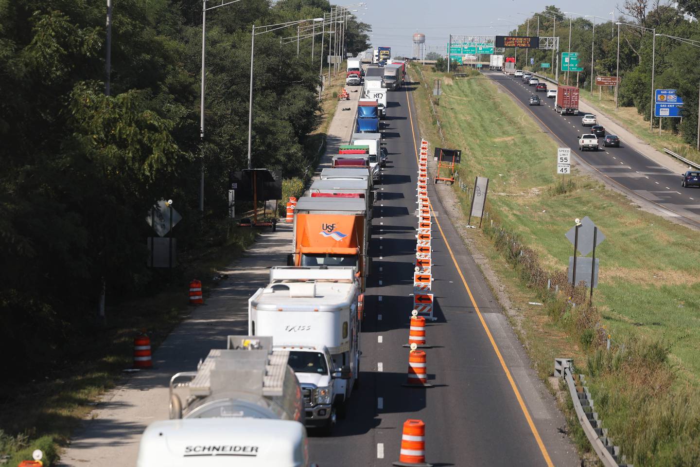 I-80 eastbound traffic merges down to one lane near the Center Street exit. Sept. 9, 2022, in Joliet.