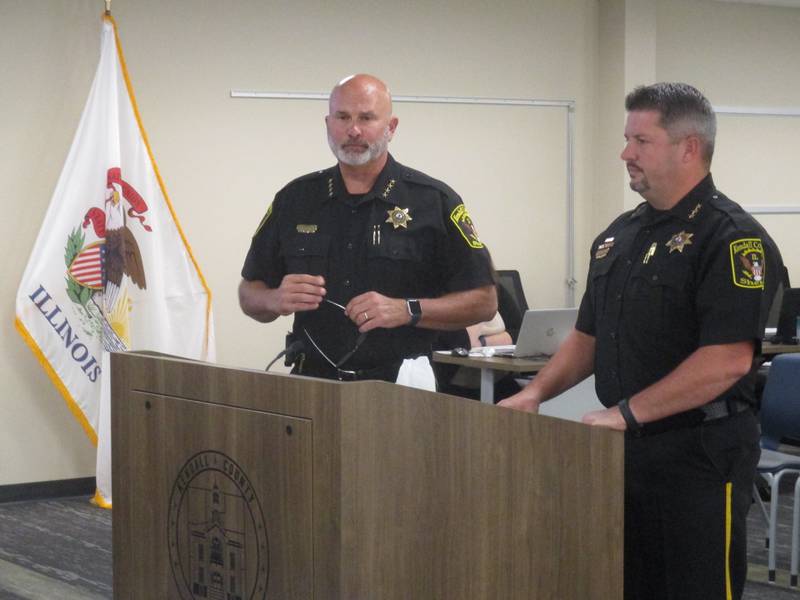 Kendall County Sheriff Dwight Baird, left, and Undersheriff Bobby Richardson outlined the fiscal year 2023 spending plan for the Kendall County Board on Sept. 7, 2022.