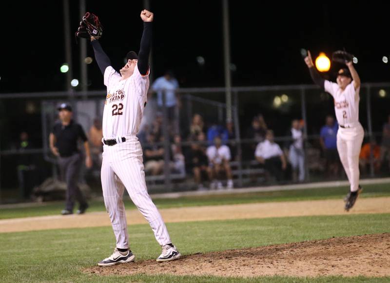 Pistol Shrimp's Jared Herzog of Ottawa, reacts with Chance Resetich of Spring Valley after winning the Prospect League Championship against Rex on Wednesday, Aug. 7, 2024 at Schweickert Stadium in Peru.