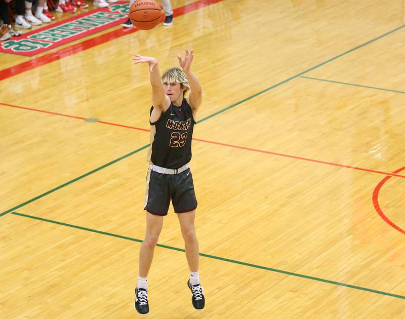 Morris's Jack Wheeler shoots a wide-open shot agains L-P in Sellett Gymnasium on Friday, Jan. 13, 2023 at L-P High School.
