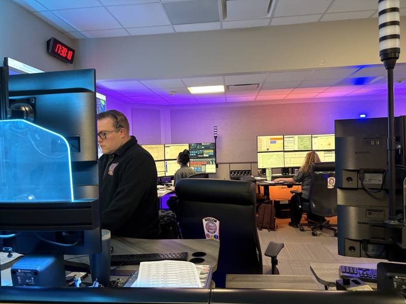 SEECOM dispatcher Kyle Kunzen works in the dispatch center in Crystal Lake, Monday, April 20, 2026.