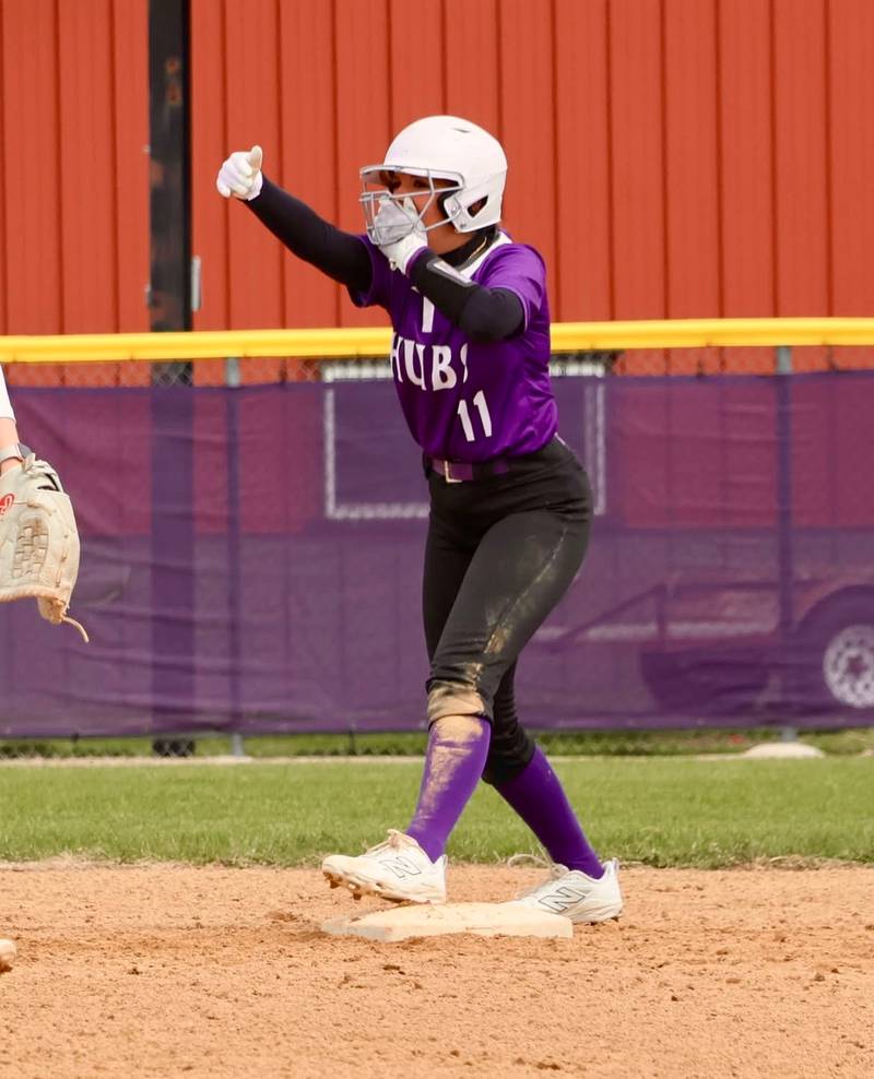 Rochelle's Cheyenne Somers celebrates her double during the Hubs' game with Rockford Boylan.