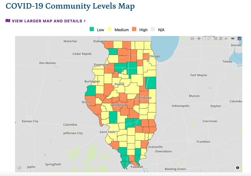 The latest COVID-19 community levels map as of Friday, December 23, from the Illinois Department of Public Health