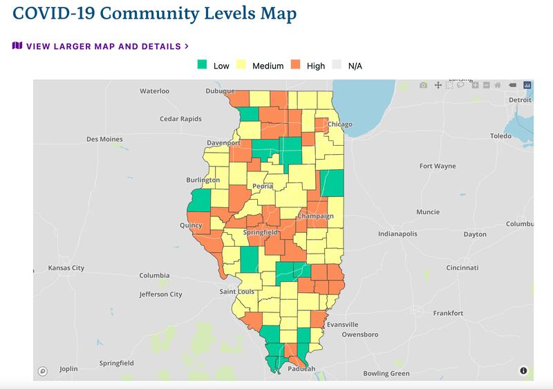 The latest COVID-19 community levels map as of Friday, December 23, from the Illinois Department of Public Health