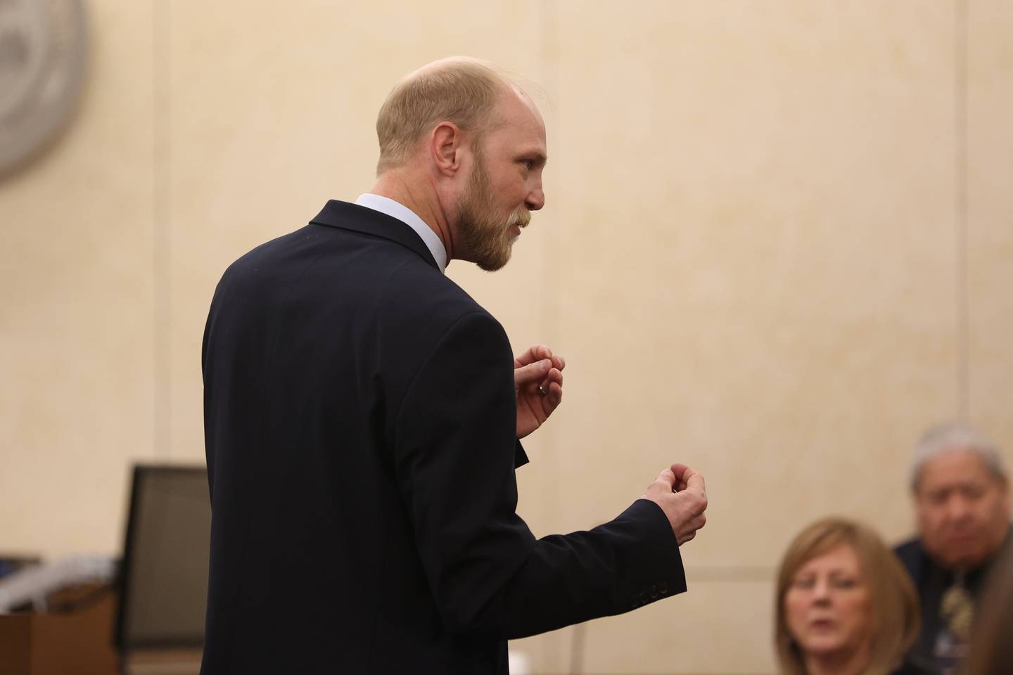 Prosecutor Adam Capelli makes closing arguments on Monday in the case against Sean Woulfe at the Will County Courthouse. Sean Woulfe, 29, is charge with reckless homicide of Lindsey Schmidt, 29, and her three sons, Owen, 6, Weston, 4, and Kaleb, 1. Monday, Mar. 28, 2022, in Joliet.