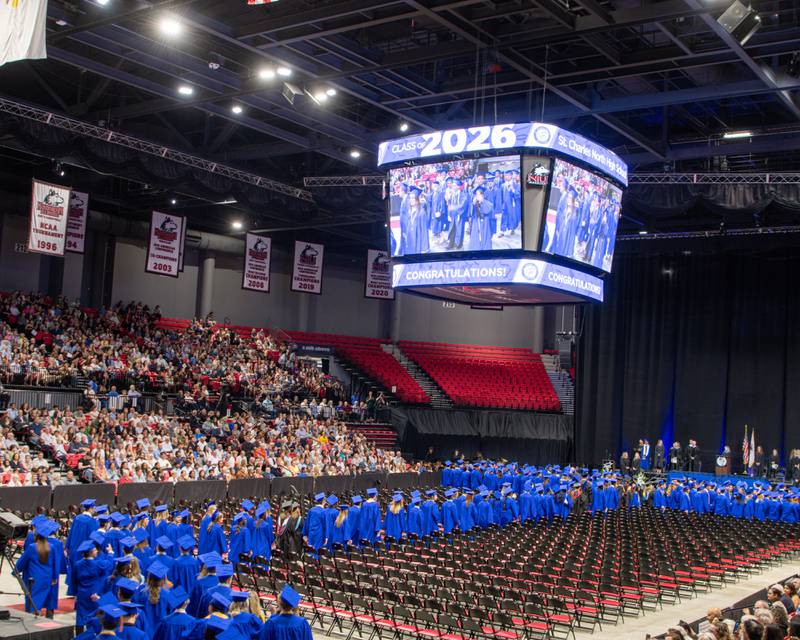 St. Charles North graduates file in for the graduation ceremony on Monday, May 18, 2026, held at the NIU Convocation Center in DeKalb.
