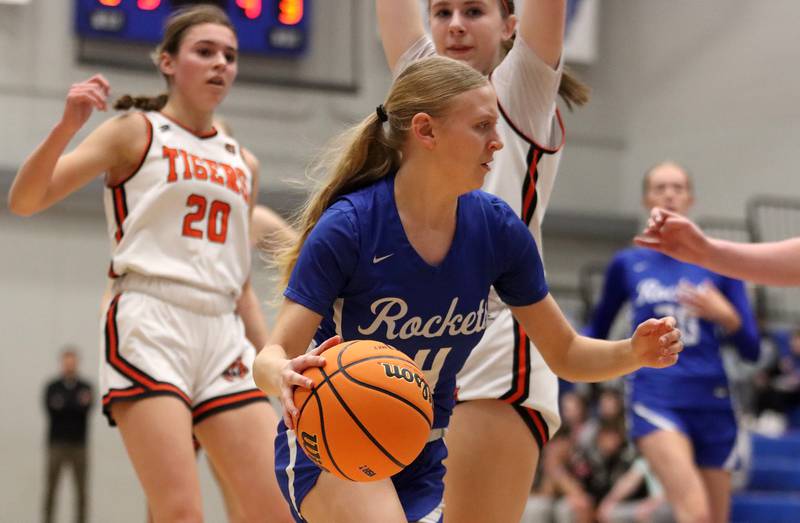 Burlington Central’s Ashley Waslo moves the ball against Crystal Lake Central in IHSA Class 3A Regional Title Game girls basketball action on Thursday, Feb. 20, 2025, at  Central High School in Burlington.