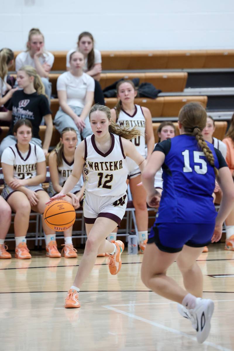 Watseka-Milford's Addissen Ulitzsch dribbles toward the baseline during the Warriors' 60-49 victory over Clifton Central on Saturday, Jan. 10, 2026.
