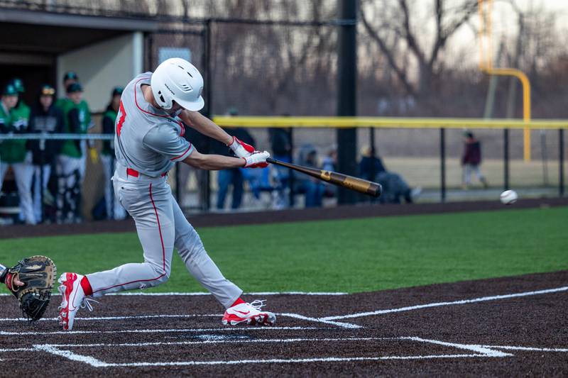 Lucas Farabaugh of Ottawa hits single on Monday, March 17, 2025 at Seneca High School in Seneca.