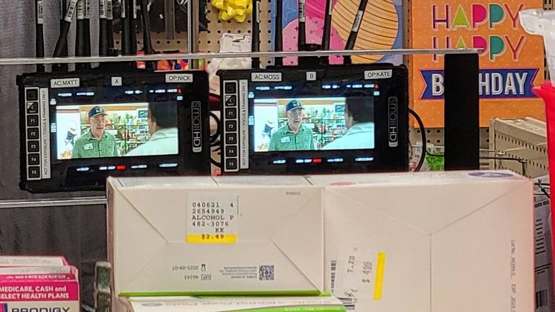 Actor J.K. Simmons as seen in the monitor during filming of a scene of the Amazon Prime series "Lightyears" at Wauconda Pharmacy.