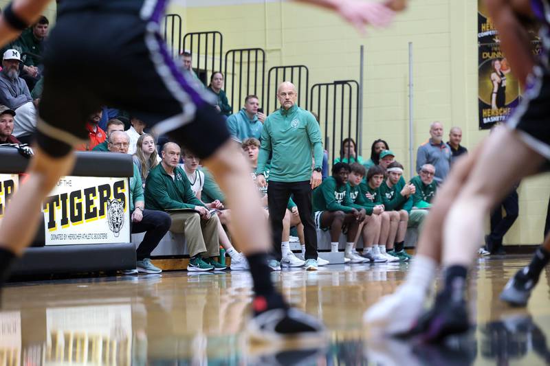 Bishop McNamara head coach Adrian Provost watches a play during the Fightin' Irish's 66-52 victory over El Paso-Gridley in the IHSA Class 2A Herscher Regional championship on Friday, Feb. 27, 2026.