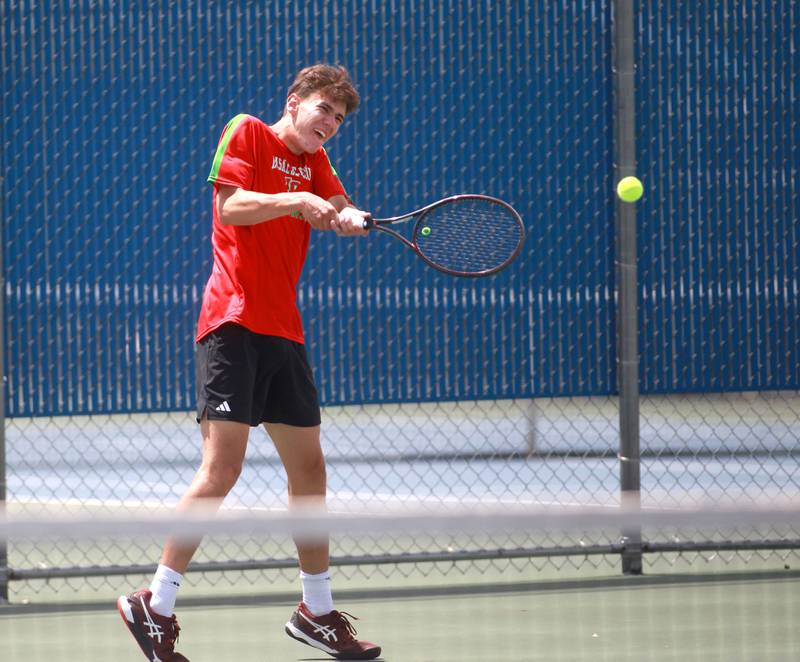 LaSalle-Peru’s Nick Olivero returns the ball during the second round of the 1A boys state tennis meet on Thursday, May 29. 2025 at Wheeling High School.