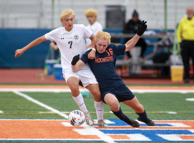 Crystal Lake South’s Nicholas Prus (left) and Rochester’s Brayden Trello go after the ball during the Class 2A state semifinal match at Hoffman Estates High School on Friday, Nov. 3, 2023.