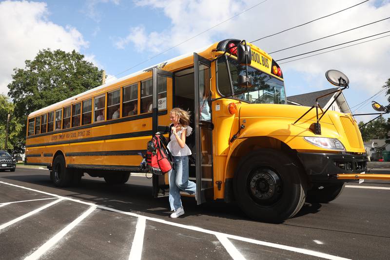 Students arrive at Lockport Township High School Central Campus for the first day of the new school year on Monday, August 19, 2024.