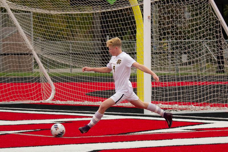 Reed-Custer's Broden Alexander takes a goal kick during the Comets' 3-0 loss to Manteno in the Class 1A Momence Regional championship on Saturday, Oct. 25, 2025.