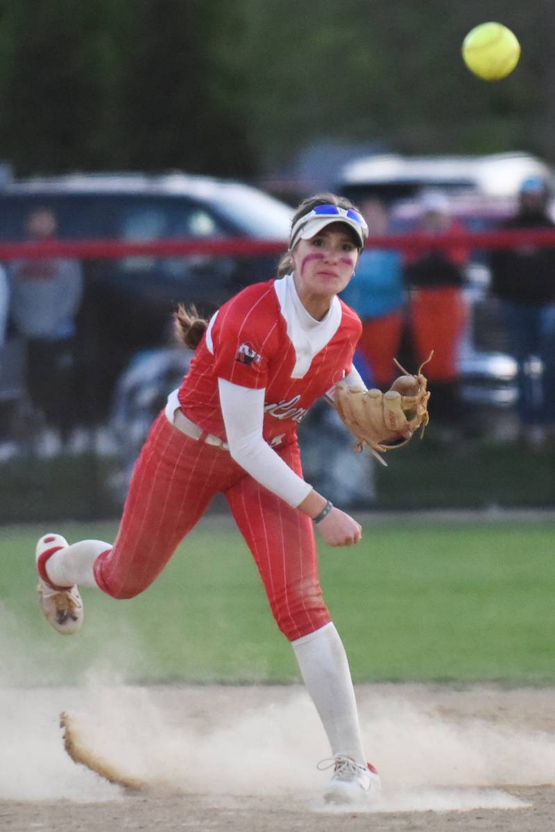 Bradley-Bourbonnais' Shannon Lee throws to first base during a home game against Bishop McNamara Thursday, May 8, 2025.