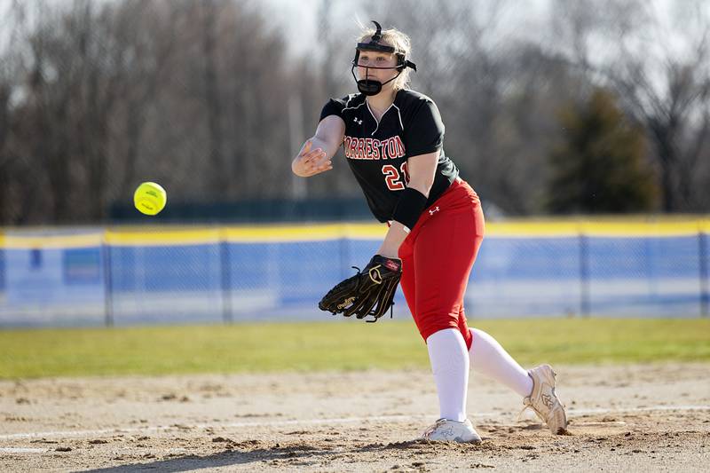 Forreston’s Aubrey Sanders fires a pitch Monday, March 11, 2024 against Newman.