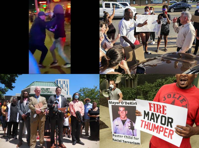 Clockwise from upper left: Joliet Mayor Bob O'Dekirk grabbing Victor Williams by the collar at a May 31, 2020, protest in Joliet; O'Dekirk speaks with protesters two days later; protesters demand O'Dekirk's resignation;  Victor Williams and Jamal Smith with their attorneys outside Joliet City Hall.