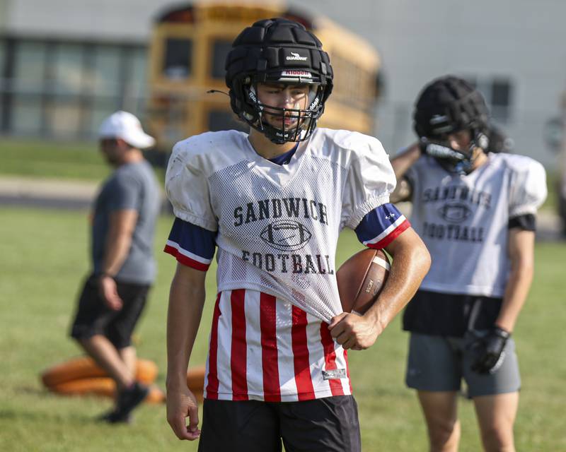 Braden Behringer looks on during Sandwich football practice Tuesday, July 22, 2025 in Sandwich.