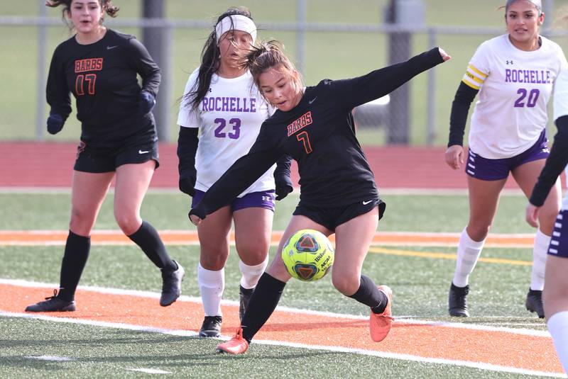 DeKalb's Ashley Martinez controls the ball in front of Rochelle's Lucy Monroy during their game Thursday, April 14, 2022, at DeKalb High School.