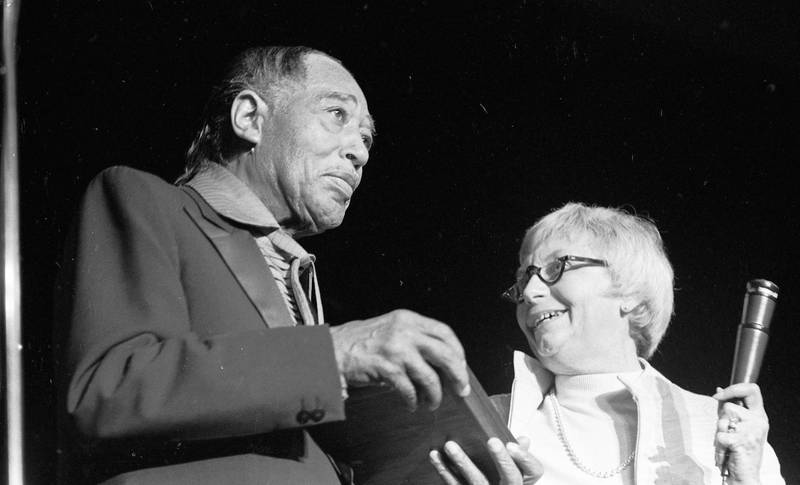 Duke Ellington appeared March 20, 1974, at Northern Illinois University and was presented a special medallion by Shirley Nelson, wife of the president, in honor of Ellington’s 75th birthday. Ellington died just two months later.