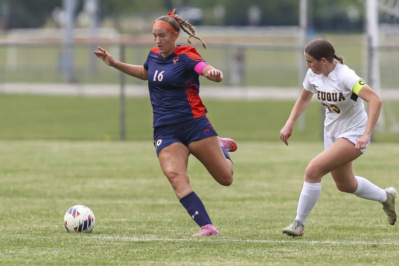 Oswego's Peyton Johnson (16) rushes to the ball during Class 3A regional final soccer match between Neuqua Valley at Oswego on Saturday, May 23, 2026 in Oswego.