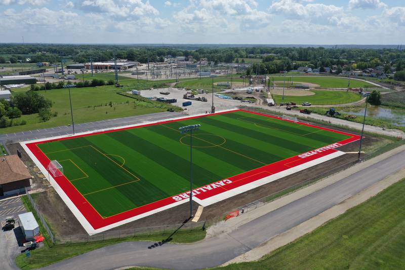 An aerial view of the newly turfed soccer field at the La Salle-Peru Township High School Athletic Complex on Thursday, Aug. 17, 2023. In March of this year, L-P announced a $9.5 million addition/renovation to its sports complex. The project will include the addition of a baseball field, two softball fields and four tennis courts; the installation of artificial turf on the soccer field; the expansion of parking; the addition of restrooms in the soccer building; and construction near the baseball/softball fields that will include a concession stand, press box and restrooms.