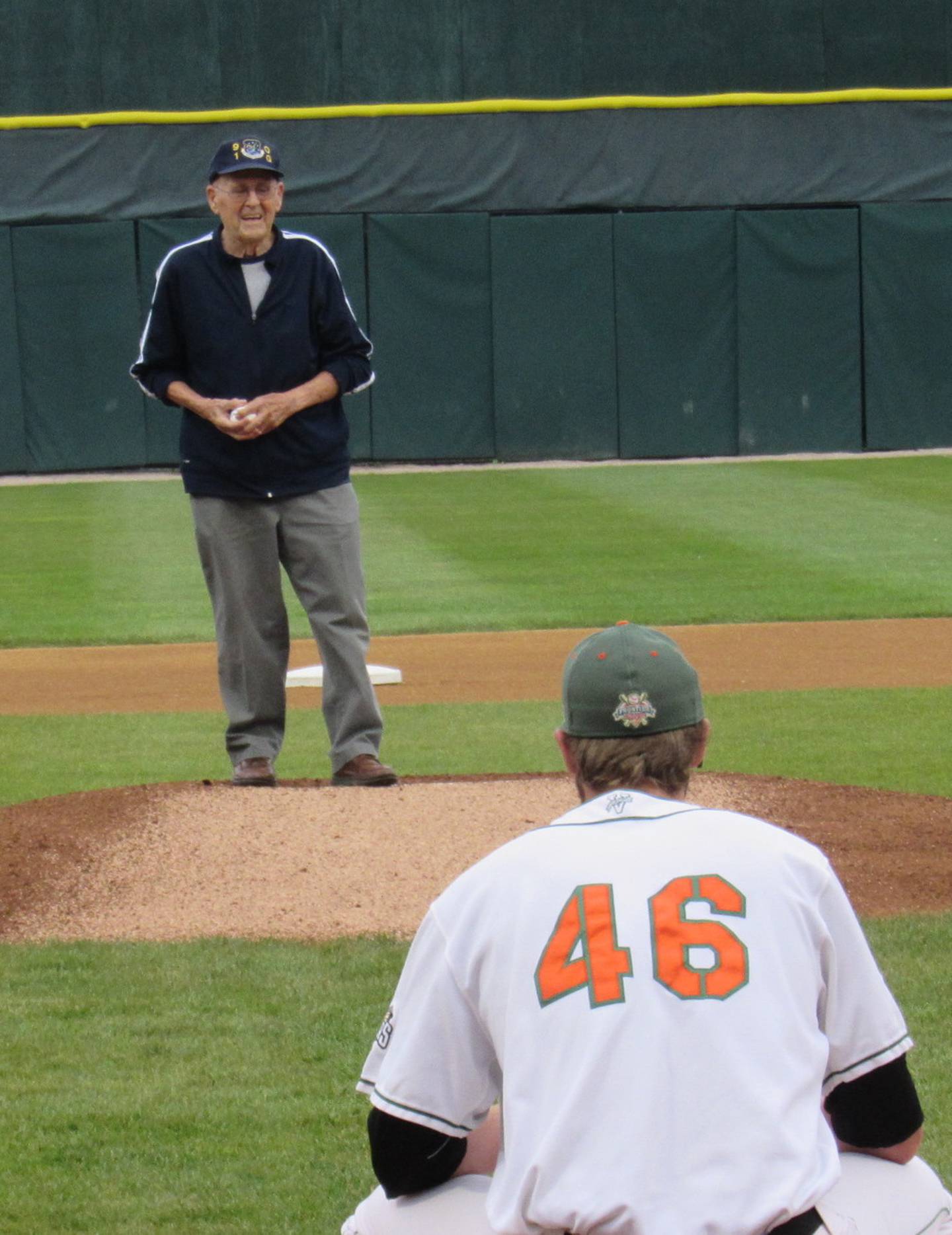 On his 91st birthday, Glenn Masek of Joliet threw out the first pitch at a Joliet Slammers game.